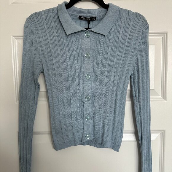 NWT Nasty Gal Collared Knit Cardigan in Baby Blue - Picture 2 of 4